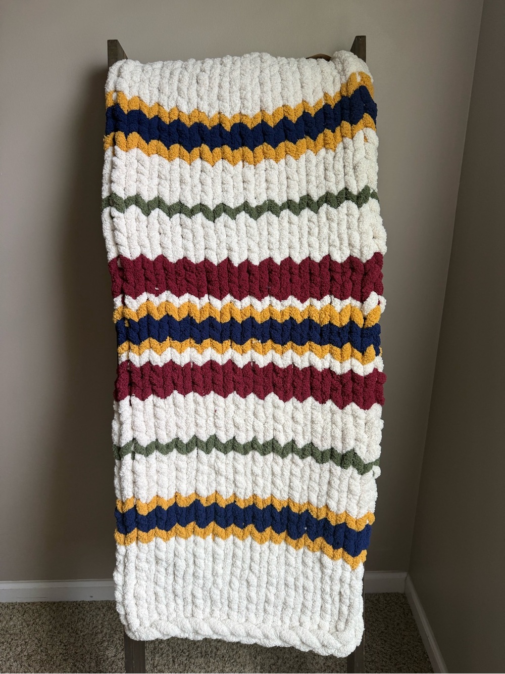 Plush Striped Chenille Throw Blanket - cream with Burgundy, Navy, Mustard, Olive